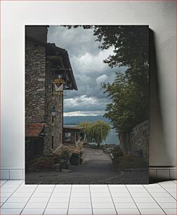 Πίνακας, Stone Building Overlooking Lake Πέτρινο κτίριο με θέα στη λίμνη