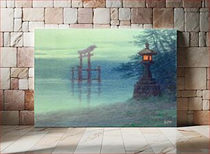 Πίνακας, Stone lantern on shore and a torii in a lake (1880) vintage illustration by Yoshihiko Ito