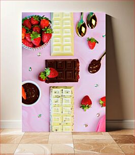 Πίνακας, Strawberries and Chocolate Bars on Pink Background Φράουλες και μπάρες σοκολάτας σε ροζ φόντο