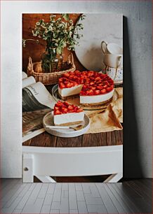 Πίνακας, Strawberry Cheesecake on Rustic Wooden Table Cheesecake φράουλα σε ρουστίκ ξύλινο τραπέζι