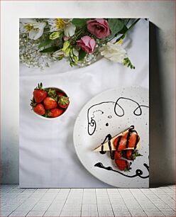 Πίνακας, Strawberry Dessert and Flowers Επιδόρπιο φράουλα και λουλούδια