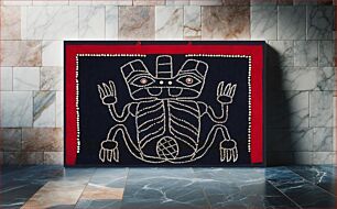 Πίνακας, stylized frog-like figure outlined in buttons against navy blue background; red border; figure has three-pronged head, and is seated upright, with arms to side, displaying its belly; stylized ribcage pattern and