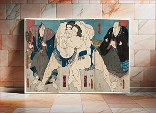 Πίνακας, Sumō Wrestlers Mutsugamine (R) and Unryū (L), Judge Oitekaze (R), and Referee Kimura Shōtarō (L)Signed: Toyokuni ga, in toshidama cartouche (on each sheet)