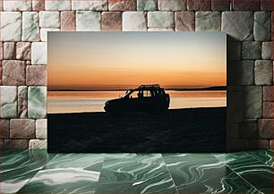 Πίνακας, Sunset Car Silhouette by the Sea Sunset Car Silhouette by the Sea