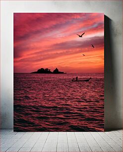 Πίνακας, Sunset Over Sea with Boat and Birds Ηλιοβασίλεμα πάνω από τη θάλασσα με βάρκα και πουλιά