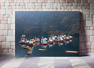 Πίνακας, Swan Boats on a Misty Lake Βάρκες κύκνων σε μια ομιχλώδη λίμνη