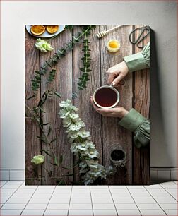 Πίνακας, Tea and Flowers on Wooden Table Τσάι και λουλούδια σε ξύλινο τραπέζι