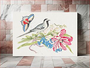 Πίνακας, The 18th century illustration of a gray bird on a branch with tulip, snapdragons, and forget-me-nots with butterfly