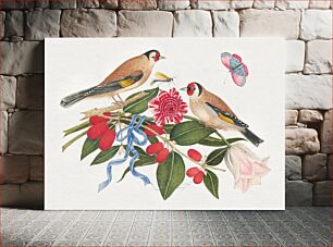 Πίνακας, The 18th century illustration of pair of brown birds with blossoms, berries, and a butterfly