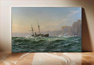 Πίνακας, The armored ship "Iver Hvitfeldt" passes Forbjerget Stat on the way to Trondhjem in the summer of 1893 by Christian Blache