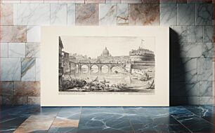 Πίνακας, The Castel Sant' Angelo bridge with the castle (Hadrian's mausoleum), in the foreground the Tiber with boats and in the distance the dome of St. Peter's Basilica by Giovanni Battista Piranesi