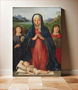 Πίνακας, The Christ Child is worshiped by the Virgin Mary, who is kneeling between two angels playing music by Antonio Solario