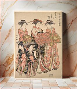 Πίνακας, The Courtesan Wakakusa of the Chōjiya Brothel, and Attendants Asano and Midori, from the series “A Pattern Book of the Year’s First Designs, Fresh as Spring Herbs” (Hinagata wakana no hatsumoyō)