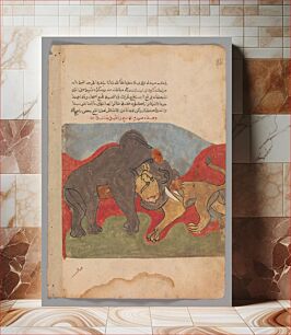 Πίνακας, "The Lion and the Elephant Fighting", Folio from a Kalila wa Dimna, second quarter 16th century