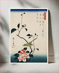 Πίνακας, The ukiyo-e illustration, Camellia and Nightingale by Utagawa Hiroshige, also known as Ando Hiroshige (1797-1858), a traditional portrait of an adorable Japanese nightingale and an elegant camellia