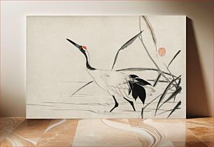 Πίνακας, The ukiyo-e illustration of a Japanese crane by Mochizuki Gyokusen, drawn in the year 1891, a traditional portrait of an elegant Japanese crane