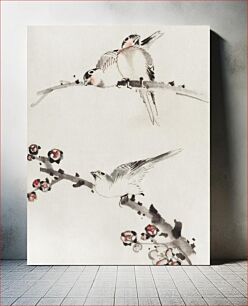 Πίνακας, Three Birds Perched on Branches, One with Blossoms by Katsushika Hokusai