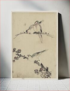 Πίνακας, [Three birds perched on branches, one with blossoms]