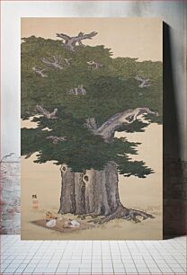 Πίνακας, Three male figures sitting on an outstretched blanket enjoying a picnic at LL; gigantic gingko tree occupies majority of image