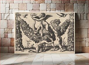 Πίνακας, Three putti before a large garland, the one in the middle rides an ostrich, from a series of tapestries made for Leo X by Master of the Die