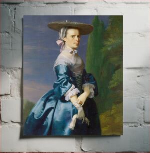 Πίνακας, Three quarter-length portrait of a woman in a blue satin dress with broad flat hat, pulling on her glove