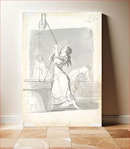 Πίνακας, Three women, one in the foreground drawing water from a well, two in the background washing; folio 45 (recto) from the Madrid Album 'B'. by Goya (Francisco de Goya y Lucientes)