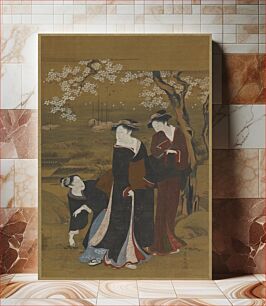 Πίνακας, Three women under a flowering cherry tree at the seashore, Utagawa Toyokuni