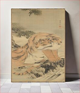 Πίνακας, Tiger sitting with head turned to PR; pine branches at UL; water at LR; gold and grey brocade border and grey solid border