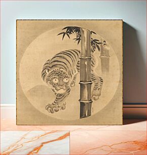 Πίνακας, Tiger to the left of two bamboo; design within a circle, within a square; light blue floral design silk at top and bottom; brown floral design silk, middle; thin strip of dark blue floral design, top and bottom