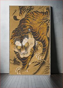 Πίνακας, Tiger with large eyes and pronounced brows and whiskers; standing with lower body in LL and back of body in UR; claws outstretched; grey/blue border with bamboo pattern