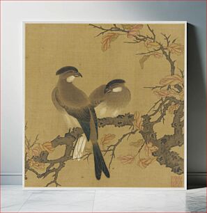 Πίνακας, Two crested birds on a branch; autumn leaves