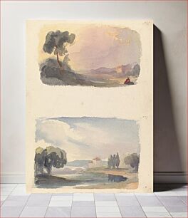 Πίνακας, Two Drawings on One Sheet: Landscape with Mountains in Distance and Seated Figures in Foreground (no. 1); Landscape with River and Building, Mountains in Distance (no. 2)