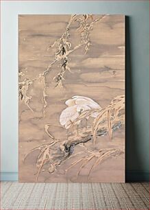Πίνακας, Two egrets standing close together near center of image; snow covered branch hangs down from UR; snow-covered branches and foliage in foreground LR