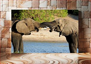 Πίνακας, Two Elephants Interacting by the Water Δύο ελέφαντες που αλληλεπιδρούν δίπλα στο νερό