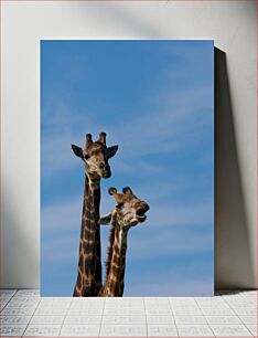 Πίνακας, Two Giraffes Against Blue Sky Δύο καμηλοπαρδάλεις ενάντια στο γαλάζιο του ουρανού