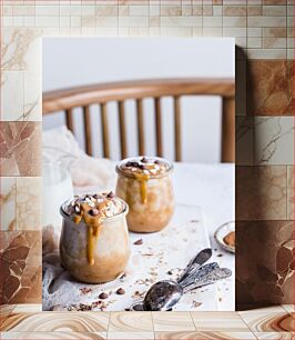 Πίνακας, Two Jars of Oatmeal with Caramel and Chocolate Chips Δύο βάζα πλιγούρι βρώμης με καραμέλα και τσιπς σοκολάτας