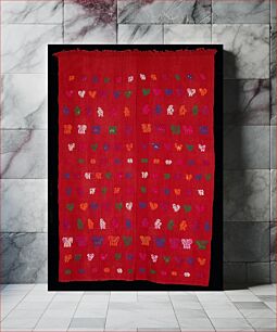 Πίνακας, two paneled red cotton tzute; woven on a back strap loom with zoomorphic brocaded figures in white, yellow, green, blue and magenta; one end of the tzute is finished with 1