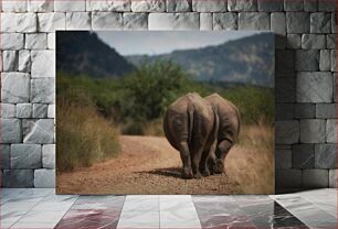 Πίνακας, Two Rhinoceroses on a Dirt Path Δύο Ρινόκεροι σε Χωματόδρομο