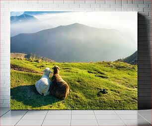 Πίνακας, Two Sheep Overlooking a Mountain Landscape Δύο πρόβατα με θέα σε ορεινό τοπίο