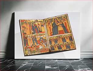 Πίνακας, two wood panels attached in book form with string; traces of gesso and fragments of running border designs in black on outer front cover; each inner panel split into three horizontal frames showing various scene