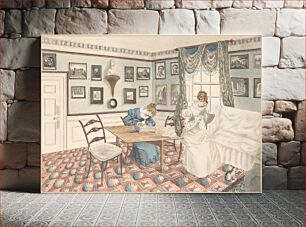 Πίνακας, Two young women writing and sewing in an interior at Hatton, Warwickshire