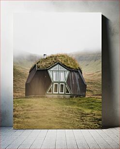 Πίνακας, Unique Grass-Covered House in Misty Landscape Μοναδικό σπίτι με γρασίδι σε ομιχλώδες τοπίο