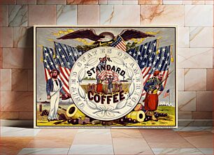 Πίνακας, United States of America, our standard coffee. Coffee label illustrated with a U.S. sailor, two Zouaves, a soldier, and an eagle over U.S. flags. 1 print : wood engraving, color