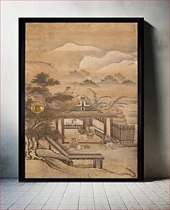 Πίνακας, Unsigned; from the Saga Palace, Kyoto; figures inside a building, mountains in background