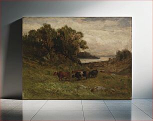 Πίνακας, Untitled (five cows grazing with trees and river in background) by Edward Mitchell Bannister