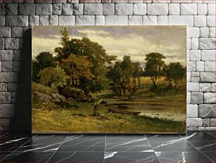 Πίνακας, Untitled (landscape, boat moored near stream, man walking in foreground) by Edward Mitchell Bannister