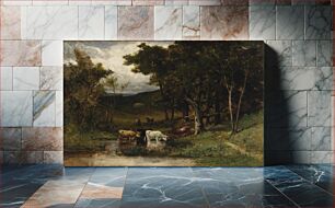 Πίνακας, Untitled (landscape with cows in stream near trees), Edward Mitchell Bannister