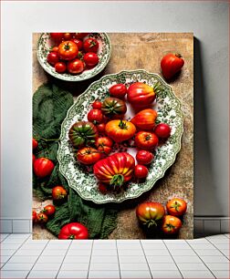 Πίνακας, Variety of Tomatoes on Vintage Plates Ποικιλία ντομάτας σε vintage πιάτα