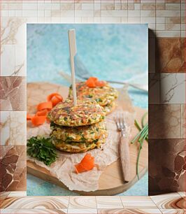 Πίνακας, Vegetable Patties on Wooden Board Μπουρεκάκια λαχανικών σε ξύλινη σανίδα