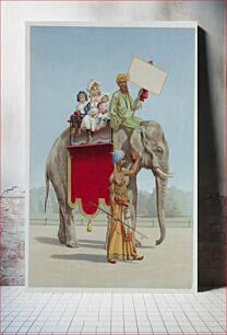 Πίνακας, Vertical rectangle. Three children riding an elephant with a mahout who carries a blank signboard. Another mahout in a lungi, carrying a goad, leads the elephant by the ear